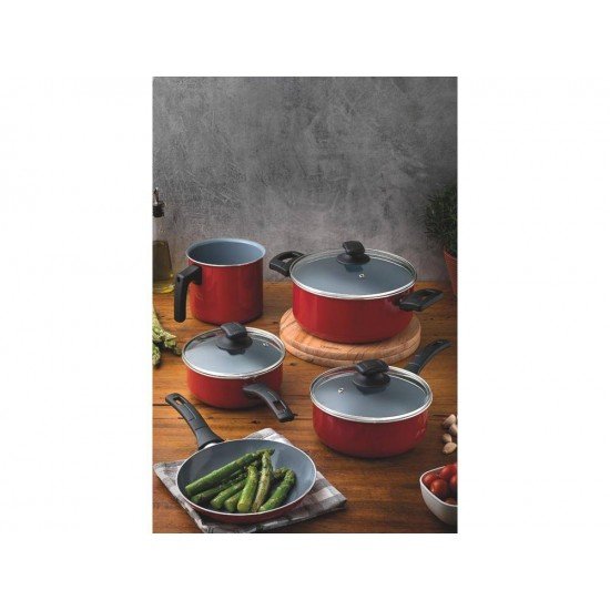 JOGO DE PANELAS 5 PEÇAS QUEBEC VERMELHO SORTIDOS DE ALUMINIO COM REV CERAMICO E SILICONE TRAMONTINA