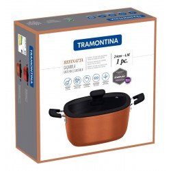 CAÇAROLA TRAMONTINA REFINATTA EM ALUMÍNIO COM REVESTIMENTO INTERNO E EXTERNO EM ANTIADERENTE STARFLON PREMIUM DOURADO COM TAMPA 24 CM 4,8 L