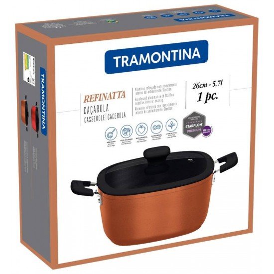 CAÇAROLA TRAMONTINA REFINATTA EM ALUMÍNIO COM REVESTIMENTO INTERNO EM ANTIADERENTE STARFLON PREMIUM E EXTERNO SILICONADO VERMELHO 26 CM 5,7 L