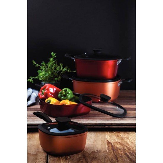 CAÇAROLA TRAMONTINA REFINATTA EM ALUMÍNIO COM REVESTIMENTO INTERNO EM ANTIADERENTE STARFLON PREMIUM E EXTERNO SILICONADO VERMELHO 26 CM 5,7 L