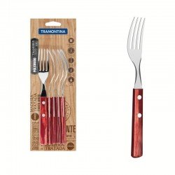 CONJUNTO DE GARFOS DE MESA TRAMONTINA COM LÂMINAS EM AÇO INOX E CABOS EM MADEIRA POLYWOOD VERMELHO 6 PEÇAS