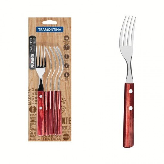 CONJUNTO DE GARFOS DE MESA TRAMONTINA COM LÂMINAS EM AÇO INOX E CABOS EM MADEIRA POLYWOOD VERMELHO 6 PEÇAS