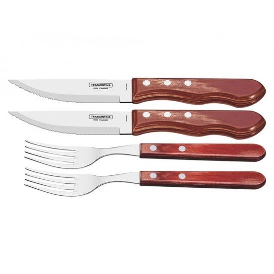 JOGO CHUR 4 PCS POLYWOOD VERMELHO SORTIDOS COM LAMINAS DE ACO INOX E CABOS DE MADEIRA TRAMONTINA