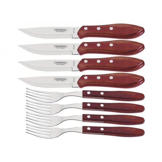 JOGO CHURRASCO 8 PEÇAS POLYWOOD VERMELHO SORTIDOS LAMINAS DE ACO INOX E CABOS DE MADEIRA TRAMONTINA