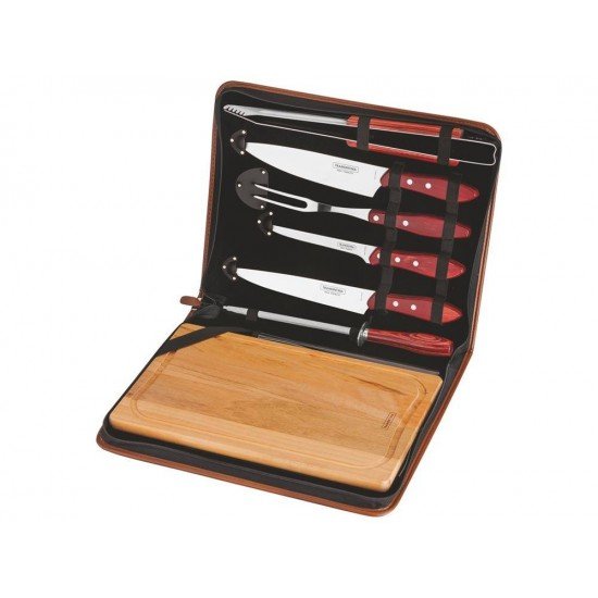 KIT CHURRASCO 8 PCS POLYWOOD VERMELHO SORTIDOS COM LAMINAS DE ACO INOX E CABOS DE MADEIRA TRAMONTINA