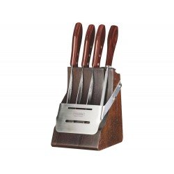 JOGO CHURRASCO 5 PECAS POLYWOOD VERMELHO LAMINAS DE ACO INOX CABOS E CEPO DE MADEIRA TRAMONTINA