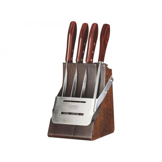 JOGO CHURRASCO 5 PECAS POLYWOOD VERMELHO LAMINAS DE ACO INOX CABOS E CEPO DE MADEIRA TRAMONTINA