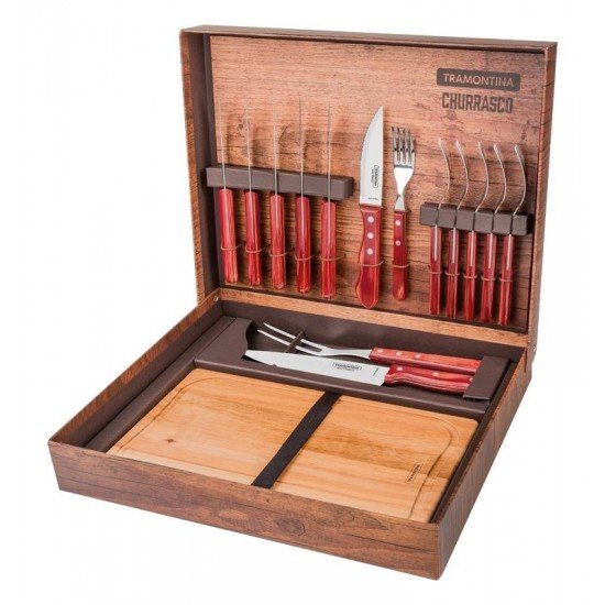KIT CHURRASCO 15 PEÇAS POLYWOOD LAMINAS EM AÇO INOX CABO DE MANDEIRA VERMELHA TRAMONTINA