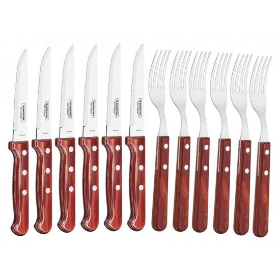 JOGO CHURRASCO 12 PEÇAS POLYWOOD VERMELHO SORTIDOS LAMINAS ACO INOX E CABOS DE MADEIRA TRAMONTINA