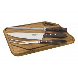 KIT CHURRASCO 4 PCS POLYWOOD CASTANHO SORTIDOS COM LAMINAS DE ACO INOX E CABOS DE MADEIRA TRAMONTINA