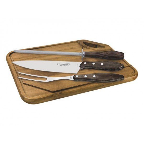 KIT CHURRASCO 4 PCS POLYWOOD CASTANHO SORTIDOS COM LAMINAS DE ACO INOX E CABOS DE MADEIRA TRAMONTINA