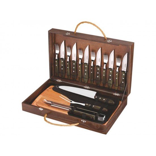 KIT CHUR 17 PCS POLYWOOD CASTANHO SORTIDOS COM LAMINAS DE ACO INOX E CABOS DE MADEIRA TRAMONTINA