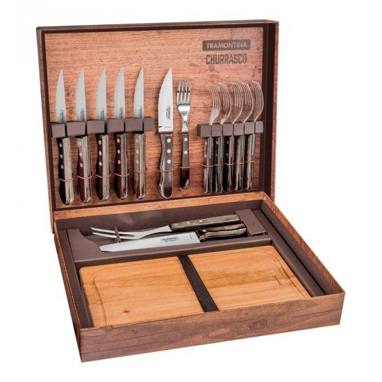 KIT CHURRASCO 15 PEÇAS POLYWOOD LAMINAS EM AÇO INOX CABO DE MANDEIRA CASTANHO TRAMONTINA