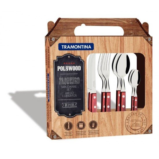 FAQUEIRO 24 PEÇAS POLYWOOD VERMELHO SORTIDOS COM LAMINAS DE ACO INOX E CABOS DE MADEIRA TRAMONTINA