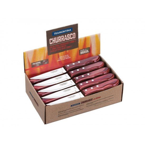 DISPLAY 48 PEÇAS FACA CHURRASCO JUMBO 5 POLYWOOD VERMELHO LAMINA ACO INOX CABO DE MADEIRA TRAMONTINA