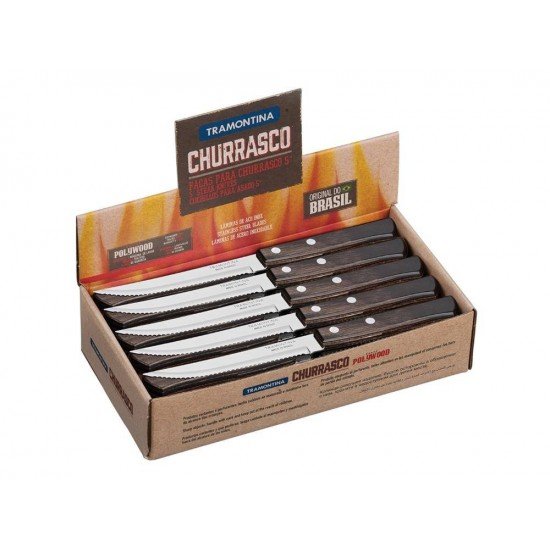 DISPLAY 60 PEÇAS FACA PARA CHURRASCO 5 POLYWOOD CASTANHO LAMINA ACO INOX CABO DE MADEIRA TRAMONTINA
