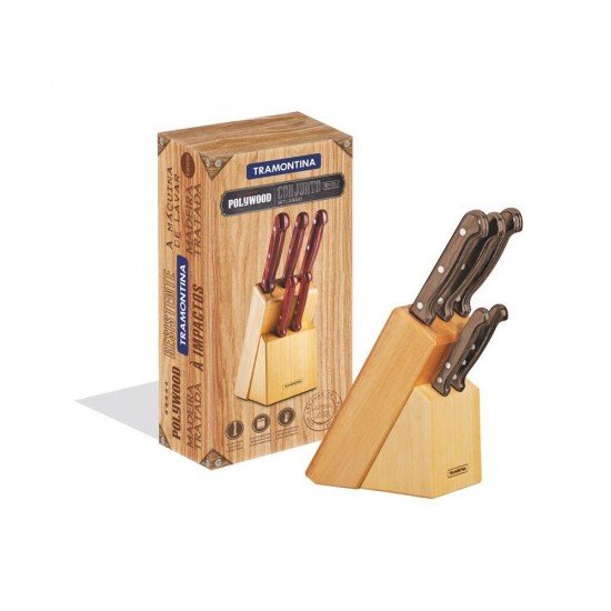 JOGO DE FACAS 6 PCS POLYWOOD CASTANHO SORTIDOS COM LAMINAS DE ACO INOX E CABOS DE MADEIRA TRAMONTINA