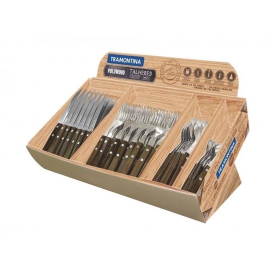 DISPLAY 200 PEÇAS TALHERES POLYWOOD CASTANHO SORTIDOS LAMINAS ACO INOX E CABOS DE MADEIRA TRAMONTINA