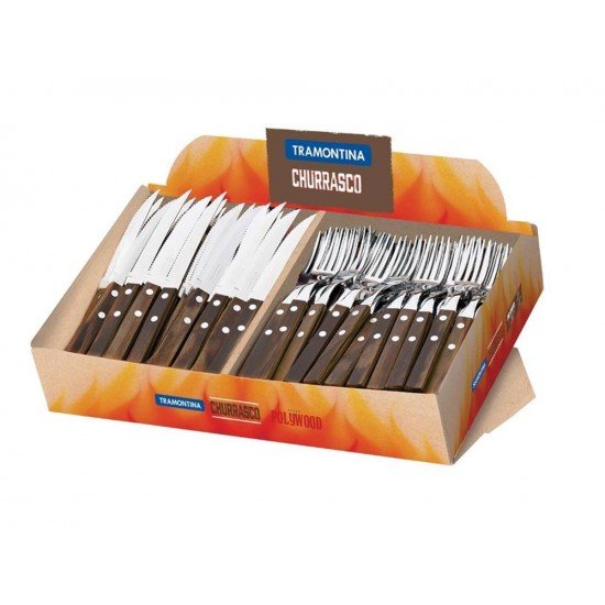 DISPLAY 140 PEÇAS TALHERES POLYWOOD CASTANHO SORTIDOS LAMINAS ACO INOX CABOS DE MADEIRA TRAMONTINA