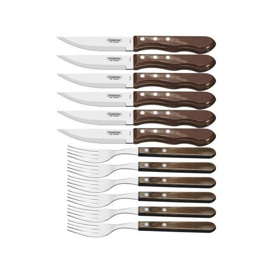 JOGO CHURRASCO 12 PEÇAS POLYWOOD CASTANHO SORTIDOS LAMINAS DE ACO INOX E CABOS DE MADEIRA TRAMONTINA