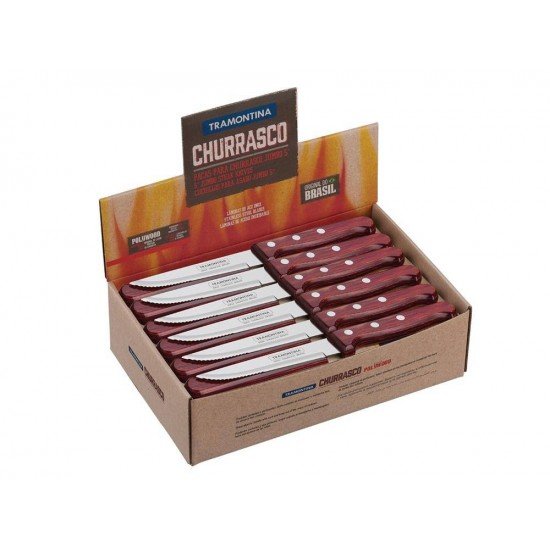 DISPLAY 48 PEÇAS FACA CHURRASCO JUMBO 5 POLYWOOD VERMELHO LAMINA ACO INOX CABO DE MADEIRA TRAMONTINA