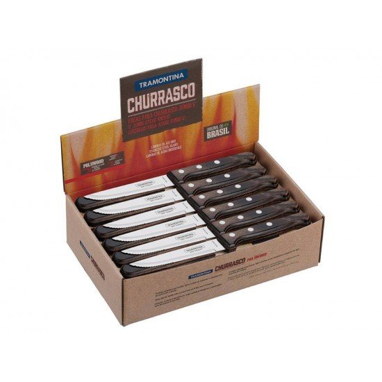 DISPLAY 48 PEÇAS FACA CHURRASCO JUMBO 5 POLYWOOD CASTANHO LAMINA ACO INOX CABO DE MADEIRA TRAMONTINA