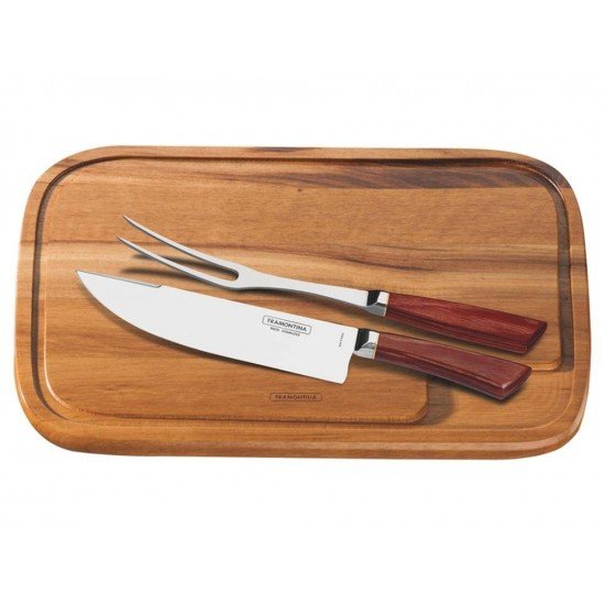 JOGO CHURRASCO 3 PEÇAS POLYWOOD VERMELHO SORTIDOS LAMINAS DE ACO INOX E CABOS DE MADEIRA TRAMONTINA