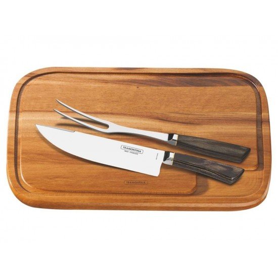 JOGO CHURRASCO 3 PEÇAS POLYWOOD CASTANHO SORTIDOS LAMINAS DE ACO INOX E CABOS DE MADEIRA TRAMONTINA