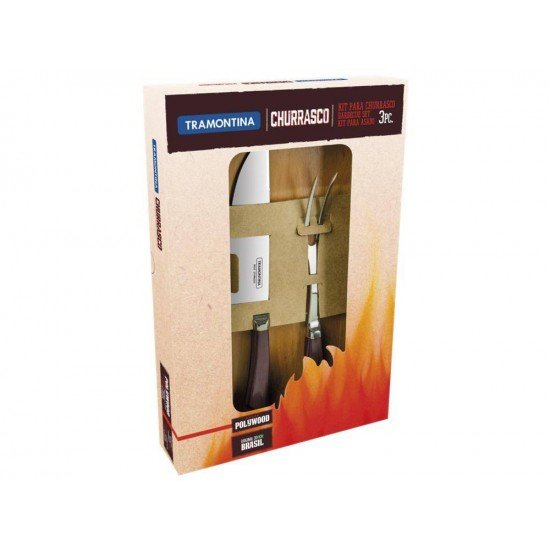 JOGO CHURRASCO 3 PEÇAS POLYWOOD CASTANHO SORTIDOS LAMINAS DE ACO INOX E CABOS DE MADEIRA TRAMONTINA