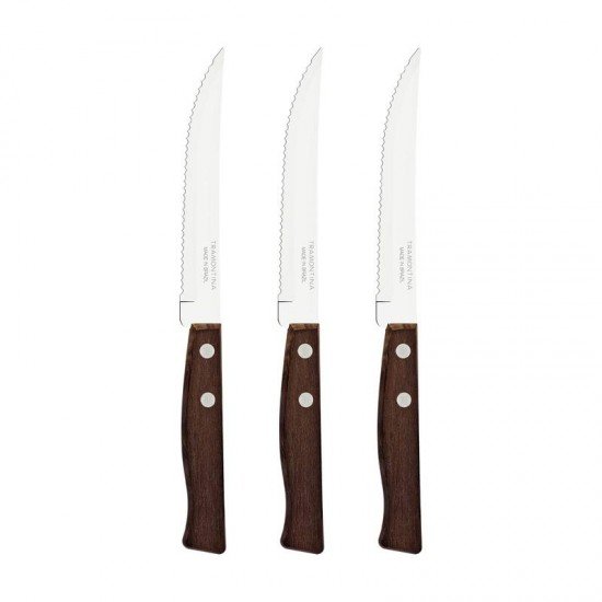 CONJUNTO DE FACAS PARA CHURRASCO E FRUTAS TRAMONTINA TRADICIONAL COM LÂMINAS EM AÇO INOX E CABOS DE MADEIRA NATURAL 03 PEÇASIRA NATURAL 3 PEÇAS