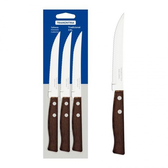 CONJUNTO DE FACAS PARA CHURRASCO E FRUTAS TRAMONTINA TRADICIONAL COM LÂMINAS EM AÇO INOX E CABOS DE MADEIRA NATURAL 03 PEÇASIRA NATURAL 3 PEÇAS
