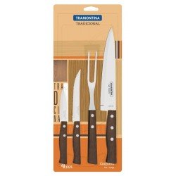 JOGO DE FACAS TRADICIONAL COM LAMINAS EM AÇO INOX E CABOS EM MADEIRA NATURAL 4 PEÇAS TRAMONTINA