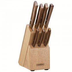 JOGO DE FACAS TRADICIONAL COM LAMINAS EM AÇO INOX E CABOS MADEIRA NATURAL COM SUPORTE 8PC TRAMONTINA