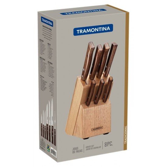 JOGO DE FACAS TRADICIONAL COM LAMINAS EM AÇO INOX E CABOS MADEIRA NATURAL COM SUPORTE 8PC TRAMONTINA