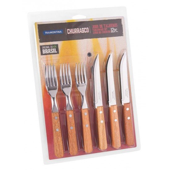 JOGO DE TALHERES 12 PEÇAS DYNAMIC SORTIDOS COM LAMINAS DE ACO INOX E CABOS DE MADEIRA TRAMONTINA