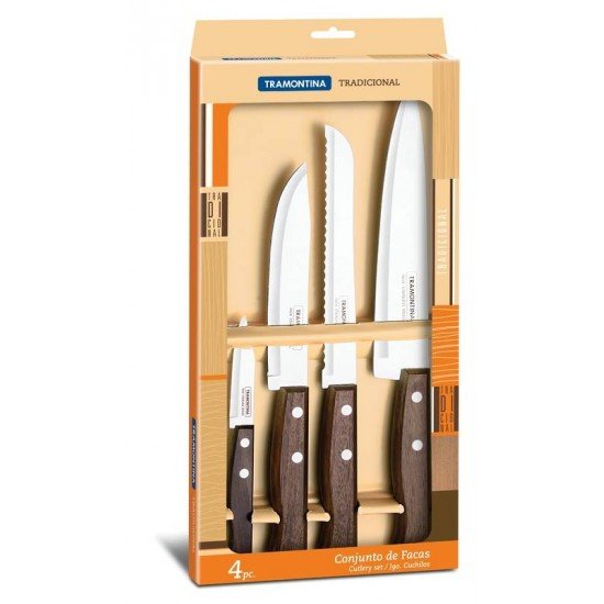 JOGO DE FACAS TRADICIONAL COM LAMINAS EM AÇO INOX E CABOS DE MADEIRA 4 PEÇAS TRAMONTINA