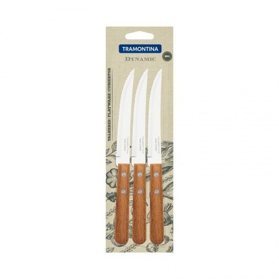CONJUNTO DE FACAS PARA CHURRASCO E FRUTAS TRAMONTINA DYNAMIC COM LÂMINAS EM AÇO INOX E CABOS DE MADEIRA NATURAL 03 PEÇAS