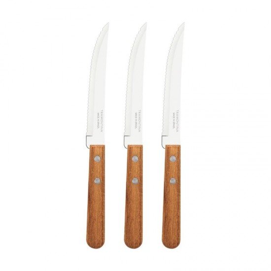 CONJUNTO DE FACAS PARA CHURRASCO E FRUTAS TRAMONTINA DYNAMIC COM LÂMINAS EM AÇO INOX E CABOS DE MADEIRA NATURAL 03 PEÇAS