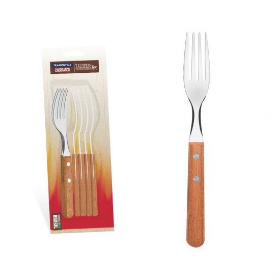 CONJUNTO DE GARFOS DE MESA DYNAMIC LAMINAS EM AÇO INOX E CABOS DE MADEIRA NATURAL 6 PEÇAS TRAMONTINA