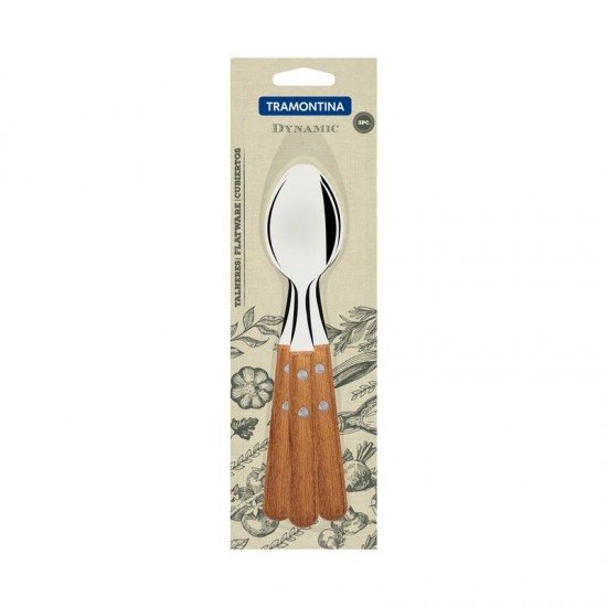 CONJUNTO DE COLHERES DE MESA TRAMONTINA DYNAMIC COM LÂMINAS EM AÇO INOX E CABOS DE MADEIRA NATURAL 03 PEÇAS