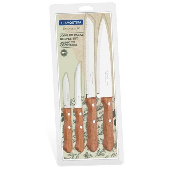 JOGO DE FACAS DYNAMIC COM LAMINAS EM AÇO INOX E CABOS DE MADEIRA NATURAL 4 PEÇAS TRAMONTINA
