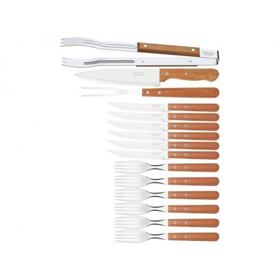 KIT PARA CHURRASCO 15 PEÇAS DYNAMIC SORTIDOS COM LAMINAS DE ACO INOX E CABOS DE MADEIRA TRAMONTINA
