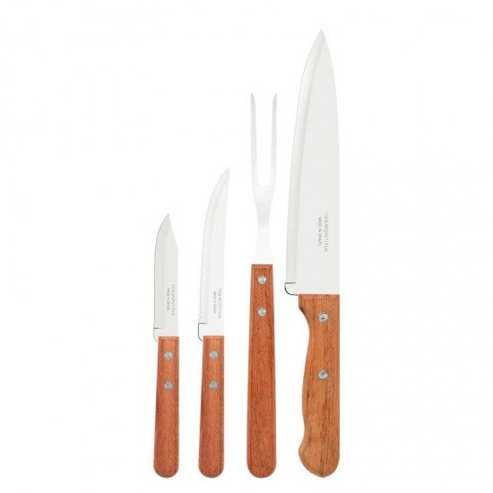 JOGO PARA CHURRASCO TRAMONTINA DYNAMIC COM LÂMINAS EM AÇO INOX E CABOS DE MADEIRA NATURAL 04 PEÇAS