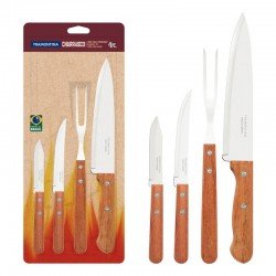 JOGO PARA CHURRASCO TRAMONTINA DYNAMIC COM LÂMINAS EM AÇO INOX E CABOS DE MADEIRA NATURAL 04 PEÇAS