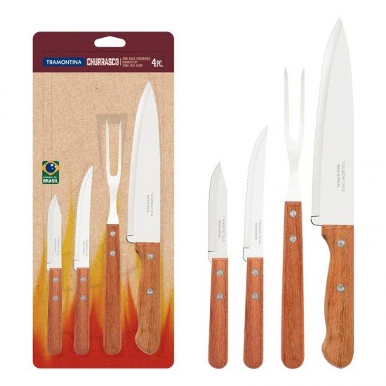JOGO PARA CHURRASCO TRAMONTINA DYNAMIC COM LÂMINAS EM AÇO INOX E CABOS DE MADEIRA NATURAL 04 PEÇAS