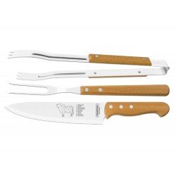 JOGO PARA CHURRASCO 3 PECAS SORTIDOS COM LAMINAS DE ACO INOX E CABOS DE MADEIRA TRAMONTINA