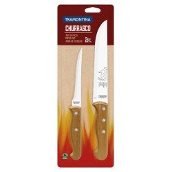 JOGO DE FACAS PARA CHURRASCO COM LAMINAS EM AÇO INOX E CABOS EM MADEIRA NATURAL 2 PEÇAS TRAMONTINA