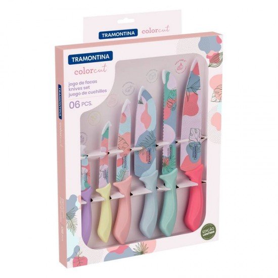 JOGO DE FACAS TRAMONTINA COLORCUT COM LÂMINAS EM AÇO INOX E CABOS DE POLIPROPILENO COLORIDO 06 PEÇAS