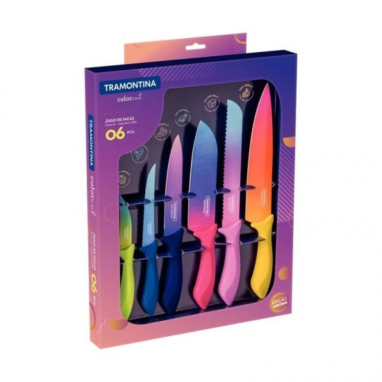 JOGO DE FACAS TRAMONTINA COLORCUT COM LÂMINAS EM AÇO INOX E CABOS DE POLIPROPILENO PINTADO 06 PEÇAS