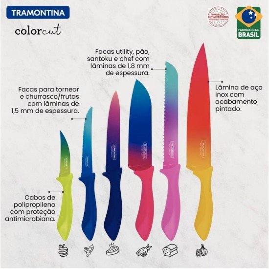 JOGO DE FACAS TRAMONTINA COLORCUT COM LÂMINAS EM AÇO INOX E CABOS DE POLIPROPILENO PINTADO 06 PEÇAS